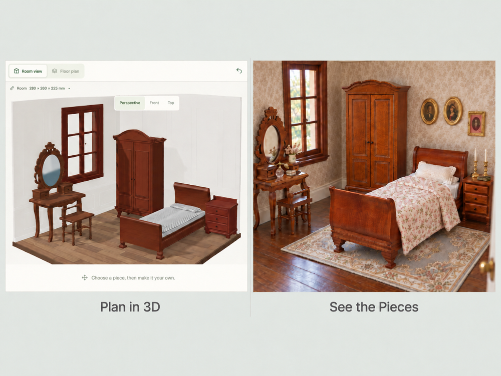 Side-by-side KOBOONI comparison: a 3D miniature room layout on the left and a separate styled scene of finished miniature furniture on the right.