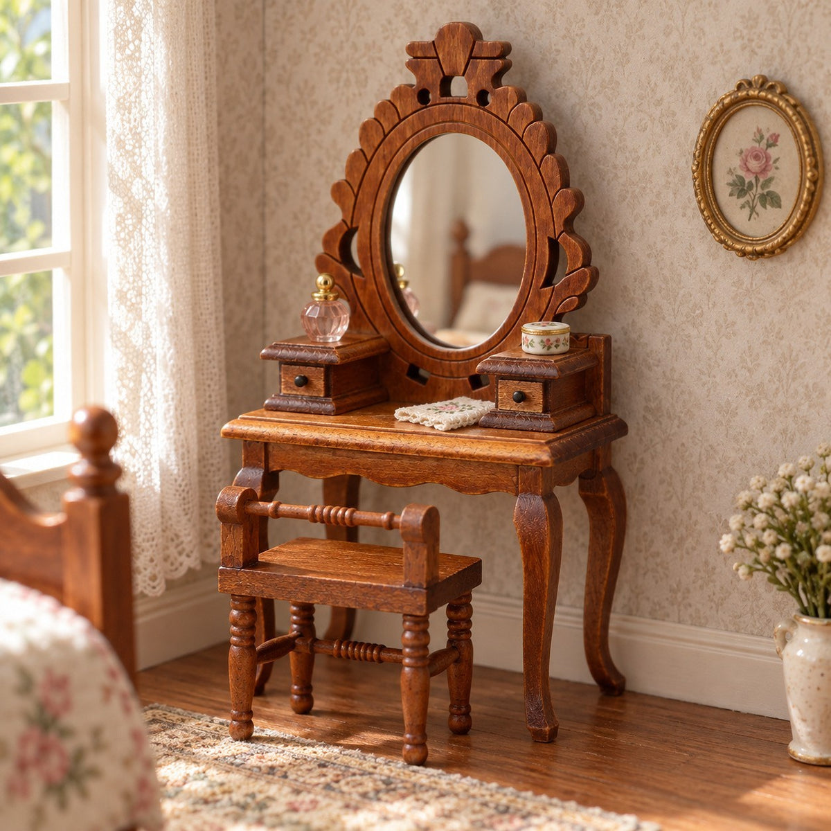 1:12 Wooden Vanity Table & Chair Set – Brown