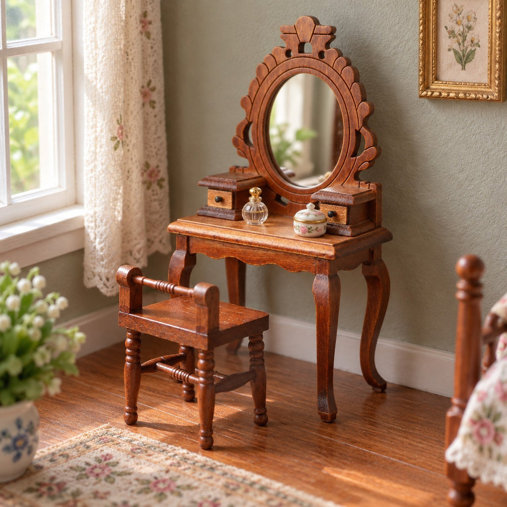 1:12 Wooden Vanity Table & Chair Set – Brown