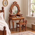 1:12 Wooden Vanity Table & Chair Set – Brown