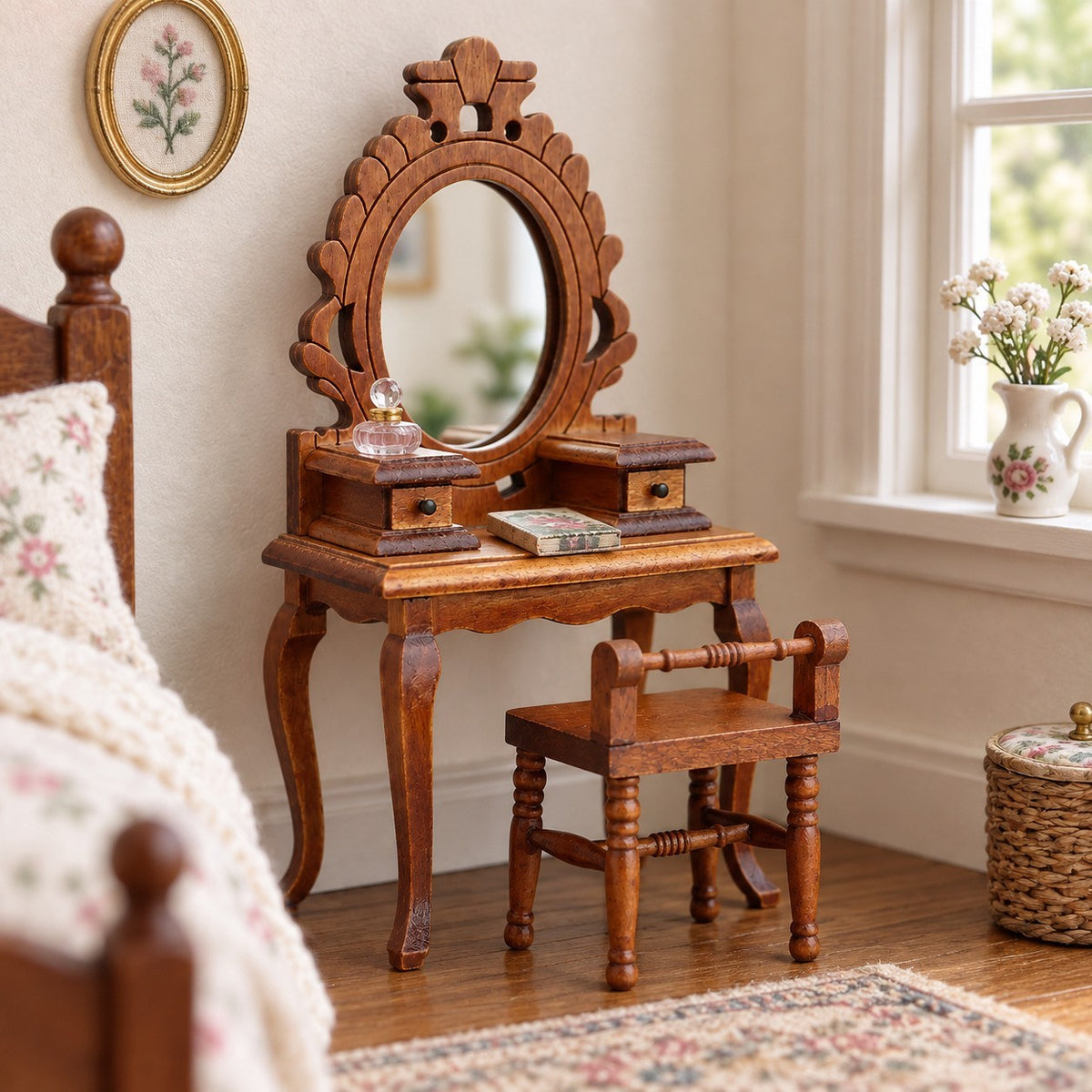 1:12 Wooden Vanity Table & Chair Set – Brown