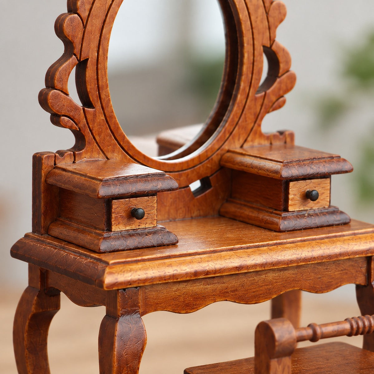 1:12 Wooden Vanity Table & Chair Set – Brown