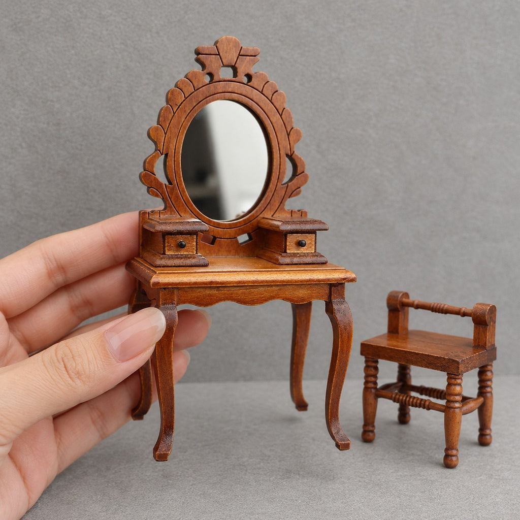 1:12 Wooden Vanity Table & Chair Set – Brown