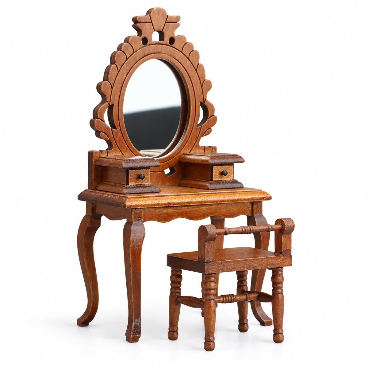 1:12 Wooden Vanity Table & Chair Set – Brown