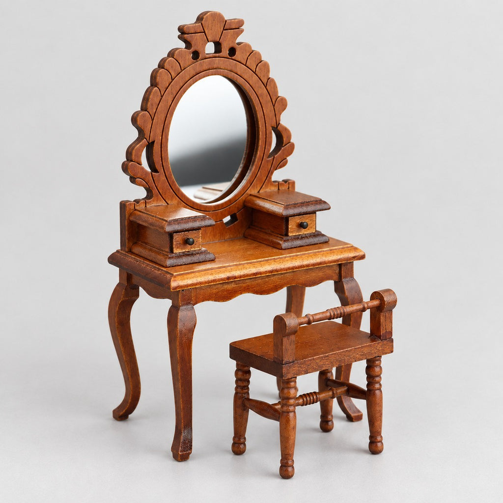 1:12 Wooden Vanity Table & Chair Set – Brown — main photograph